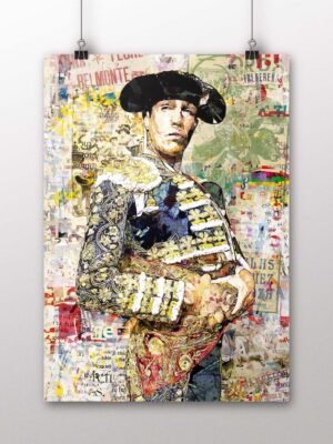 Póster vertical de Tomás Rufo con traje taurino bordado sobre un fondo de carteles y collage, arte taurino poster