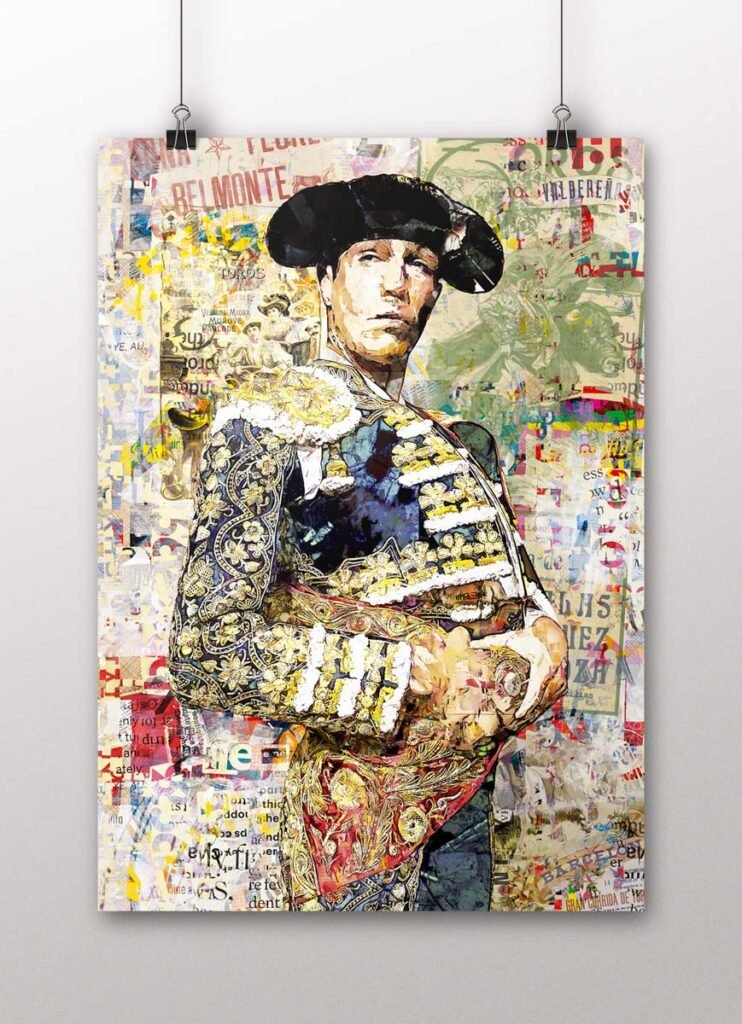 Póster vertical de Tomás Rufo con traje taurino bordado sobre un fondo de carteles y collage, arte taurino poster