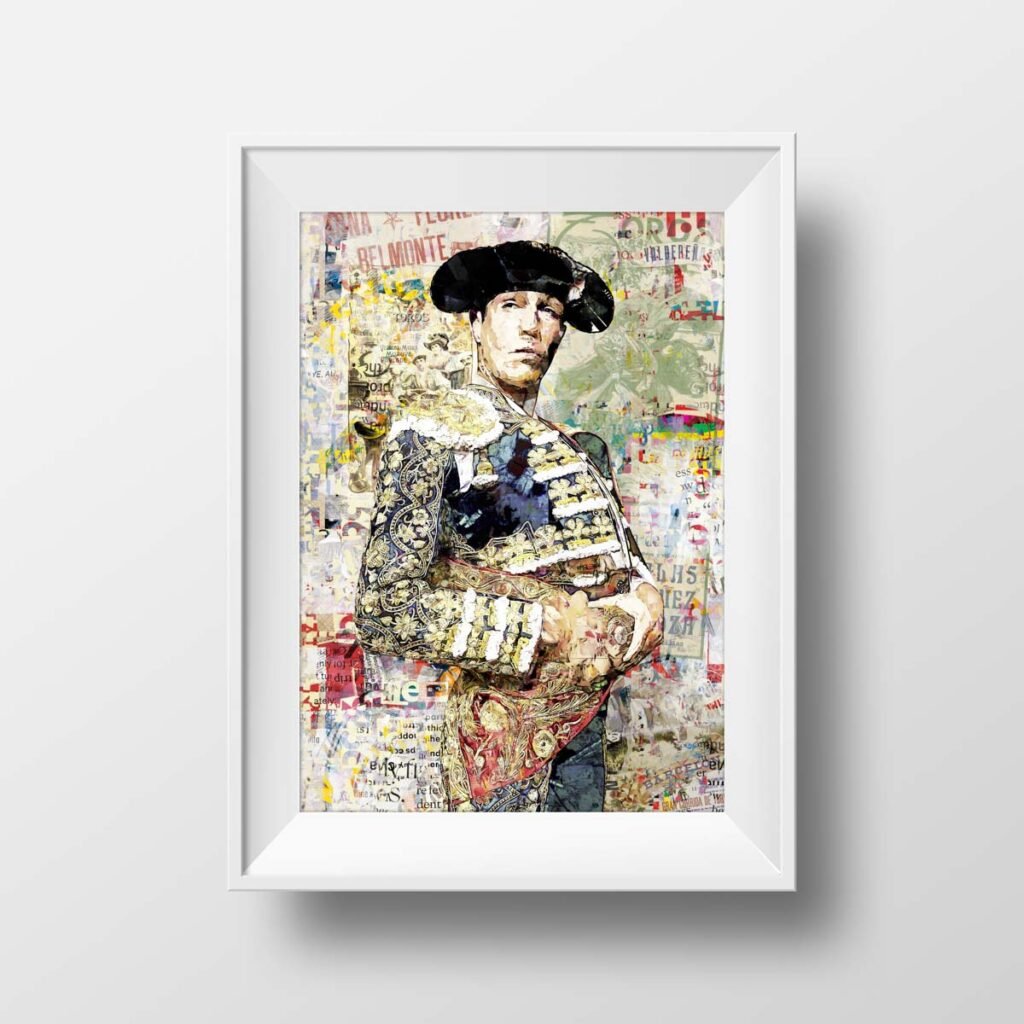 Póster vertical de Tomás Rufo con traje taurino bordado sobre un fondo de carteles y collage, arte taurino poster